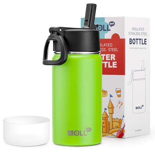 Small Water Bottle for Kids-12 oz Stainless Steel Double Wall Vacuum Insulated Sports Water Bottle with Straw-Reusable Metal Water Flask for School (Apple Green) - color: Apple Green, size: 12 Ounces