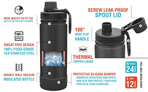 CHILLOUT LIFE 17oz Kids Insulated Stainless Steel Water Bottle with Leak Proof Spout Lid & 144 Stickers - color: Black, style: 17 oz