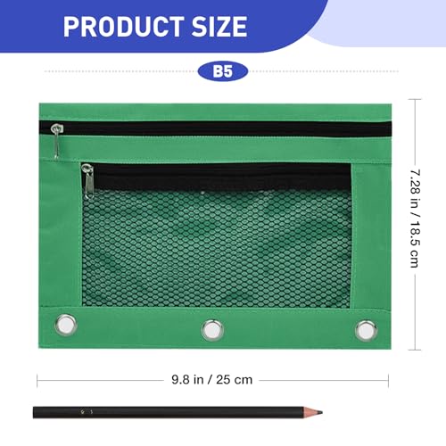 Pencil Pouch for 3 Ring Binder - 3 Hole Zipper Pen Case Bag Holder Bulk Accessories Clear Window Aesthetic Organizer Pockets - color: Green