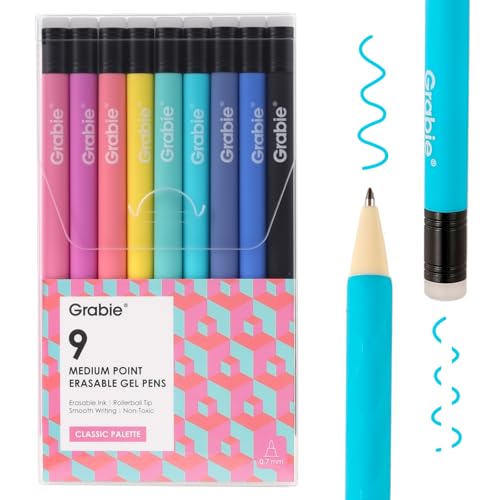 Grabie Erasable Gel Pens, Medium Point 0.7 mm Erasable Pens, Make Mistakes Disappear for Drawing Writing Planner, Pack of 9 Assorted Colors - color: 9 Colors Pens: Classic