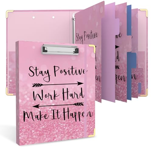 3 Ring Binder 1 Inch Round Ring Binder with 6 Tab Dividers，2 Interior Pockets，Cute Binder Clipboard with Storage, for School Office, Portfolio(Stay Positive) - color: Stay Positive, size: 1" Binder with Dividers