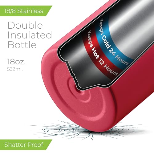 SipX™ 18 oz Insulated Water Bottle with 3 Lids – Leakproof Stainless Steel, Triple Insulated – Cold 24 Hours/Hot 12 Hours – Durable Bottle for School, Gym, Travel – Red - color: Red, size: 18 Ounces