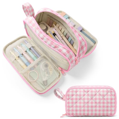 Shirabags Cute Quilted Pencil Case for Girls, 3 Compartment Organizer | Large Capacity Pencil Case,Soft Quilted Floral Design with 3 Zipper Compartments For School Office Travel (Pink Gingham, M) - color: Pink Gingham