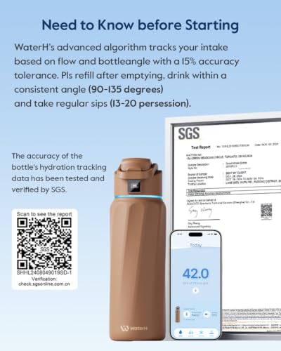 WaterH BOOST Smart Water Bottle Tracker with Reminder to Drink Water, 32oz | Double Wall Vacuum Insulated Stainless Steel, BPA-Free, Leakproof, Smart App Tracking, Travel-Friendly Wide Mouth for Office - color: Mocha, size: 32 Ounces