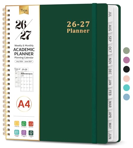Planner 2026-2027, Weekly and Monthly Academic Year Planner Calendar, July 2026 - June 2027, Hardcover Large School Planning Agenda With Tabs, Perfect for School & Office Supplies, A4 (8.5" x 11"), Dark Green - color: L-Dark Green, size: A4(8.5"x11")