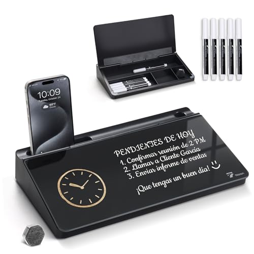 TOWON Compact Glass Desktop Whiteboard with Storage 12x7 in, Black | Dry erase writing surface, 5 markers, eraser and holder included, for the office, home or school desk - color: Black