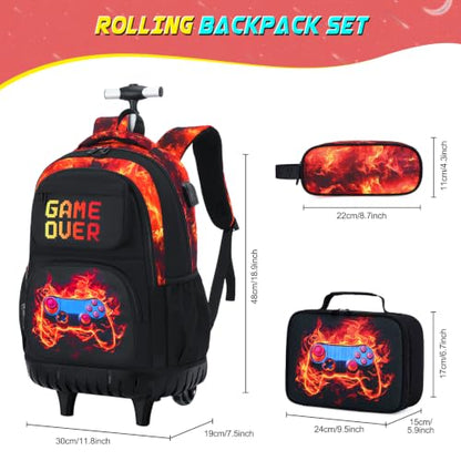 Scothen 3PCS Rolling Backpack for Boys, Cool Gamer Roller Backpack with Wheels, Kids Boy Wheeled Backpacks with Lunch Bag Pencil Case for Teens Bookbag Kindergarten Elementary Middle School - color: Red Flame