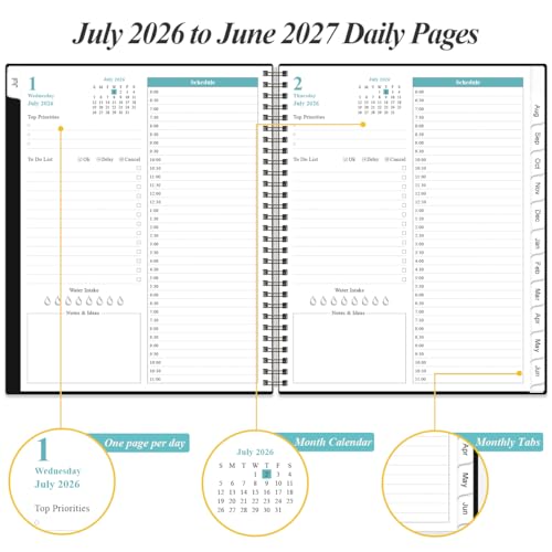 Daily Planner 2026-2027 Full Page Per Day- 2026-2027 Daily & Monthly Planner from July 2026 to June 2027, Day Planner 2026-27 with 12 Months Tabs, 8.5" x 11", Black - color: Black, size: 8.5" x 11"