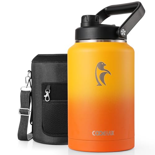 Coolflask Titan Gallon Water Bottle Insulated, 128 oz Water Jug Stainless Steel Leakproof with Large Handle Spout Lid & Sleeve, Wide Mouth Metal Flask for Camping or Work, Ombre Yellow/Orange - color: Ombre Yellow/Orange, size: 128 Ounces
