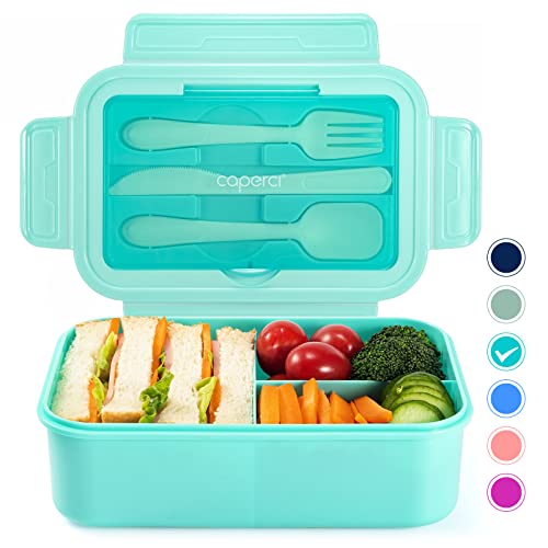 Caperci Classic Bento Box Adult Lunch Box for Older Kids - Leakpoof 47 oz 3-Compartment Lunch Containers for Adults and Teens, Built-in Utensil Set, Ideal for On-the-Go Balanced Eating, Aqua - color: Aqua