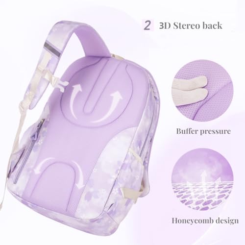 Girl backpack,Kids Backpack for Girl Kawaii Lightweight School Backpack Anti-theft Back Pocket Print Flowers Elementary Bookbag (Purple) - color: Purple