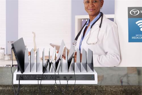 Displays2go Tabletop Charging Station w/Adjustable Dividers 6 AC, 6 USB Outlets- White (TT12HUBXT)