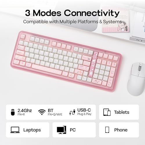 KiiBoom Phantom98 Lite 96% Wireless Mechanical Gaming Keyboard, VIA Programmable, Creamy Keyboard with Gasket, 8000mAh Battery, Hot Swap, RGB Backlits, NKRO for Win/Mac (Pink, Mochi Switch) - color: Pink, size: Mochi Switch