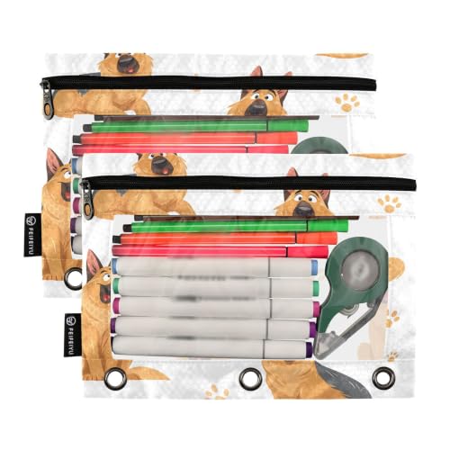 Gredecor 3 Ring Binder Pencil Pouch, Cute German Shepherd Dog White Zippered Pen Case Pouches with Clear Window, 2 Pack Stylish Office & School Supplie - color: Cute German Shepherd Dog White