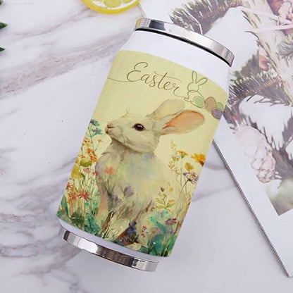 Easter Watercolor Rabbit Spring Flowers Yellow 14oz Stainless Steel Tumbler with Lid & Straw-Double Wall Vacuum Insulated Travel Mug Water Bottle Coffee Beverage Drinks Cup - size: 14 Ounces