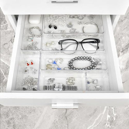 Manalete Drawer Organizers Set of 12, 4 Sizes Clear Plastic Drawer Organizers and Storage Bins for Kitchen, Bathroom, Office, Dresser Desk Drawer Organizer Tray for Jewelry, Makeup, Junk, Gadgets