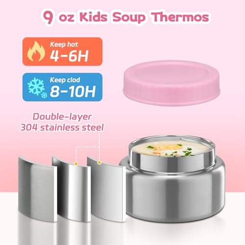 Bento Lunch Box Kids and 9oz Soup Thermo – 5.5-Cup Leakproof Kids Bento Box with Ice Pack & 9oz Insulated Food Jar – Hot & Cold Food Lunch Container for Boy Girl School, Pink Set - color: Pink Set