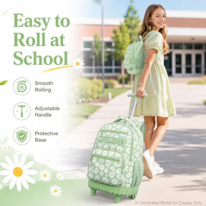 AGSDON Elegant Chrysanthemum Rolling Backpack Set – 20” Girls Roller Bookbag with Matching Lunch Box for Travel, Commute & School | Water-Resistant Fashion Wheeled Organizer in Flower Cyan - color: Rolling Backpack Set - Daisy Green
