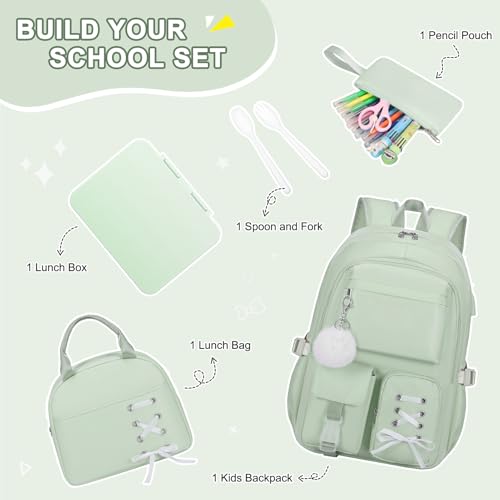 Scothen Backpack for Girls with Bento Lunch Box Set, School Bag Bookbag for Teens Girls Kids Student, 43oz Lunch Containers Lunchbox, Insulated Lunch Bag & Pencial Case, Back to School Gifts - color: Green
