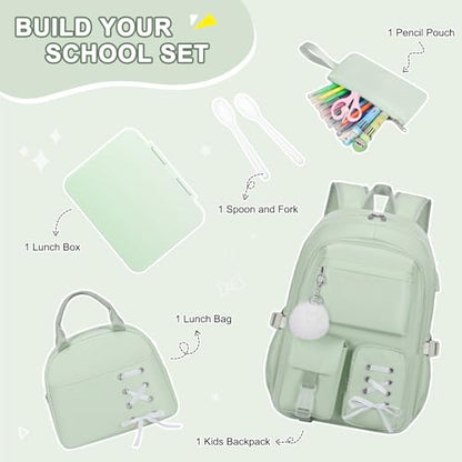 Scothen Backpack for Girls with Bento Lunch Box Set, School Bag Bookbag for Teens Girls Kids Student, 43oz Lunch Containers Lunchbox, Insulated Lunch Bag & Pencial Case, Back to School Gifts - color: Green
