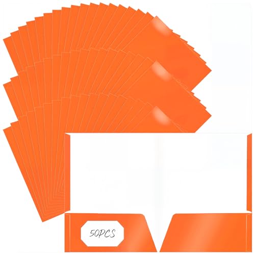 Jutom 50 Pcs 2 Pocket Glossy Paper Folders Glossy Paper Laminated Portfolios, Letter Size, Presentation Folders with Pockets for Office Teacher Worker Supplies (Orange) - color: Orange