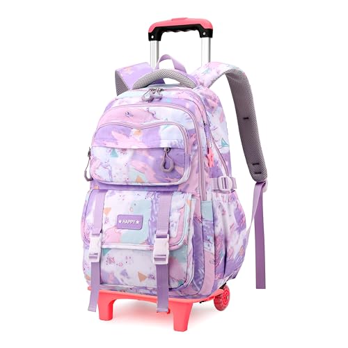 Kids Rolling Backpack for Girls School Backpack with Wheels for Girls Wheeled Bookbags Roller Trolley Bags for Primary Students, 2-Wheel Purple - color: 2 Wheels Purple