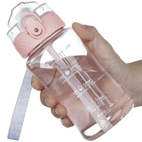 OLDLEY 12oz Kids Water Bottle, Tritan BPA-Free, Leakproof Flip Straw Lid, Motivational Time Marker, Carry Strap, Reusable Clear Water Bottle for Boys & Girls,Cherry Blossom - color: Cherry Blossom, style: 12 Ounces