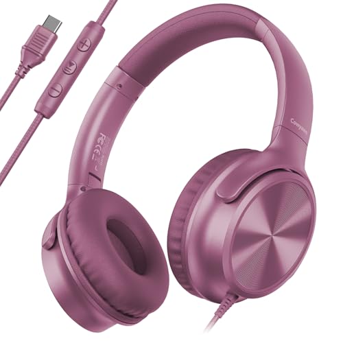 Cowyawn USB C Headphones Wired, Over Ear USB C Wired Headphones with Microphone, Volume Control, HD Stereo Sound, Foldable USB Type C Headphone for Adult/Teens/Laptop/Computer/iPhone 15/16/17, Grape - color: Grape