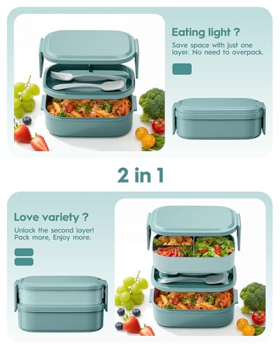 BiuLeon Bento Box Adult Lunch Box, 65 Oz Capacity Lunch Containers(Adjustable 2/3 Tier), BPA-Free, Leak-Proof and Stackable Bento Lunch Box, Microwave & Dishwasher Safe with Utensils(Green) - color: Green