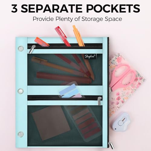 SKYDUE 3 Ring Pencil Pouch for Binder, Zipper Binder Pencil Pouch with 3 Pockets and Mesh Window, Durable Organizer for School Supplies, Cables, Earbuds, Makeup - color: Cyan