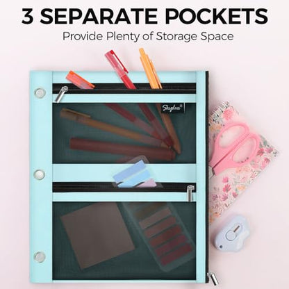 SKYDUE 3 Ring Pencil Pouch for Binder, Zipper Binder Pencil Pouch with 3 Pockets and Mesh Window, Durable Organizer for School Supplies, Cables, Earbuds, Makeup - color: Cyan