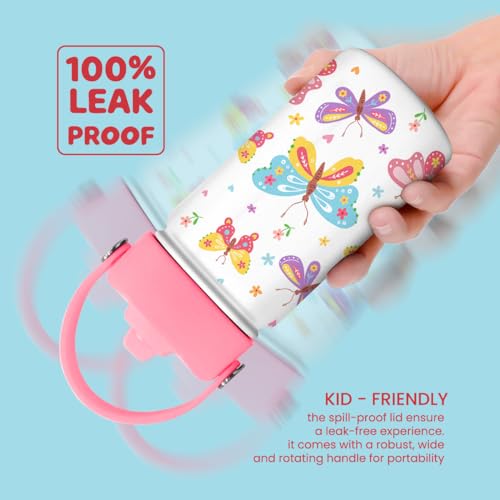 Kids Water Bottle with Straw Lid - 12 Oz Insulated Stainless Steel Water Bottles for Kid Girl- Travel Cup for School Sports - color: Butterfly