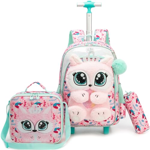 Meetbelify Rolling Backpack for Girls 3D Carton Backpack with Wheels for Elementary Student Kids Plush School Bag with Lunch Box Pencil Case for Girls Ages 6-8 Years Old Pink - color: Pink Fox