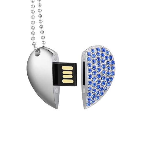 USB Flash Drive, 16GB/32GB/64GB/128GB USB2.0 Heart Shape Memory Stick Date Storage Pendrive Thumb Drives with Chain (16GB,Blue Heart) - color: Blue Heart, size: 16GB