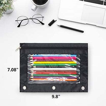 Pencil Pouch for 3 Ring Binder, Large Pencil Case with Clear Window, Metal Zipper Binder Pencil Pouches Fit Standard Binders, Durable Organizer for Office School Supplies Black 5 Pack - color: Black