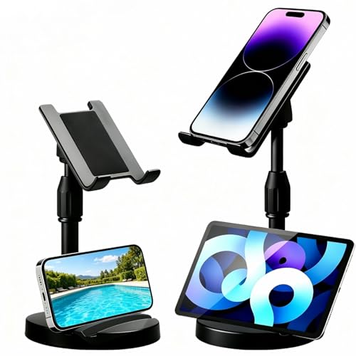Adjustable Height Phone and Tablet Stand, Dual Device Holder with 360° Rotation, Sturdy Non-Sturdy Non-Slip Base with Card Slot for Livestream, Watching Videos, Work, Gaming