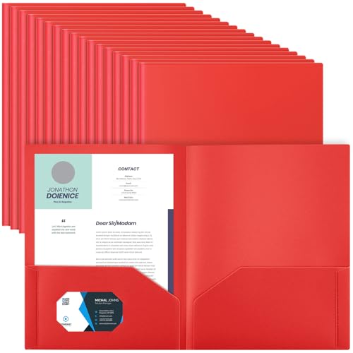 Gueevin 100 Pack Plastic Folder with Pockets, 2 Pocket Folders, Plastic Glossy Folders Fit Letter Size Paper, Heavy Duty Durable File Folder with Business Card for Home Office School (Red) - color: Red
