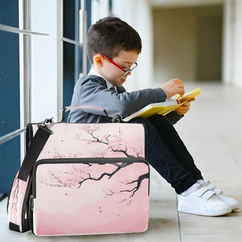 Pink Cherry Blossom Tree with Branches 3 D-Ring 2 inch Zipper Binder Bag with Shoulder Strap, Multi-Pocket Portfolio Organizer Case for 13 Inch Laptop Middle School