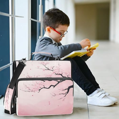 Pink Cherry Blossom Tree with Branches 3 D-Ring 2 inch Zipper Binder Bag with Shoulder Strap, Multi-Pocket Portfolio Organizer Case for 13 Inch Laptop Middle School