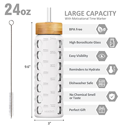 MUKOKO 24oz Glass Water Bottle, White | Glass Tumbler with Straw, Drinking Bottles with 2 Lids-Handle Spout Lid & Bamboo Straw Lid, Silicone Sleeve, 1 Pack - color: White, size: 24 Ounces