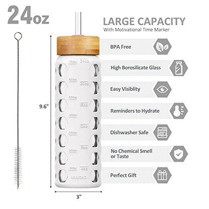 MUKOKO 24oz Glass Water Bottle, White | Glass Tumbler with Straw, Drinking Bottles with 2 Lids-Handle Spout Lid & Bamboo Straw Lid, Silicone Sleeve, 1 Pack - color: White, size: 24 Ounces