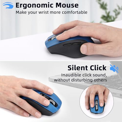 Wireless Bluetooth Mouse with USB-A, USB-C Receiver, Rechargeable, 3-Device, Full-Size, Silent Click, Ergonomic Mice for MacBook/Laptop/Computer/Tablet/PC/iPad-Blue - color: Blue