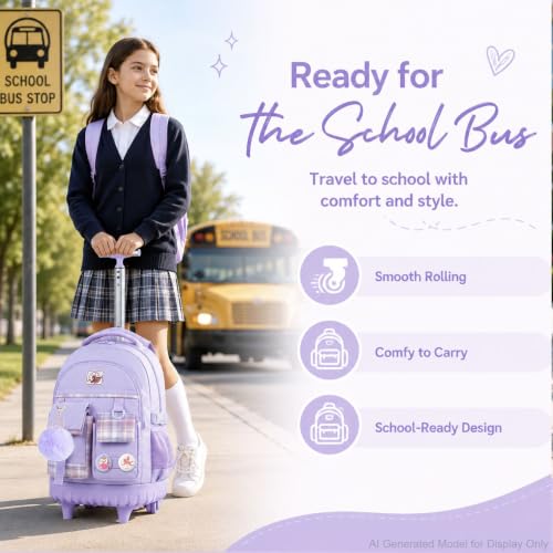 gxtvo 3PCS Girls Rolling Backpack, Women Roller Bookbag with Lunch Box for Adults, Water Resistant Wheeled School Bag for College Teens Kids Travel - Purple - color: 3pcs Set Purple
