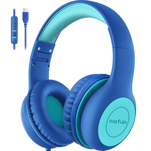 EarFun Kids Headphones Wired with Microphone, USB Type C Headphones for Kids, 85/94dB Volume Limit, Portable Wired Headphone with Shareport, Stereo Sound Foldable Headset for School/Tablet/PC, Blue - color: USB-C Blue Green