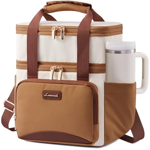 LOVEVOOK Insulated Lunch Bag For Women,Large Double Deck Adult Lunch Box,Teacher Lunch Tote Bag With Cup Holder,Leakproof Cooler Bag With Adjustable Shoulder Strap For Work Picnic Beach,Larger 15L - color: Off White with Light Brown, size: Large —15l