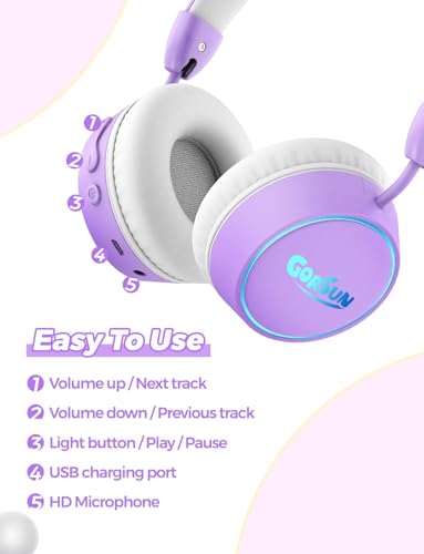 Kids Bluetooth Headphones, 85dB Volume Limited, 68 Hours Playtime, Bluetooth 5.4, Colorful LED Lights Toddler Headphones Wireless with Microphone, Birthday Gift for 1-13 Year Olds (Purple)