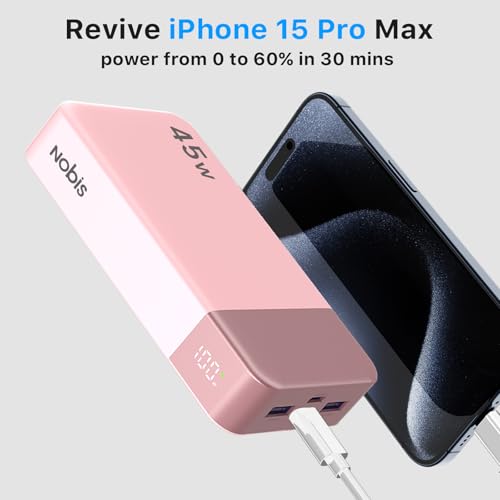 NOBIS Portable Charger, 20000mAh Power Bank, 45W Power Bank Fast Charging, Battery Pack with C to C Cable, Battery Bank with Digital Display for Phone Android Laptop etc (Pink) - color: Pink