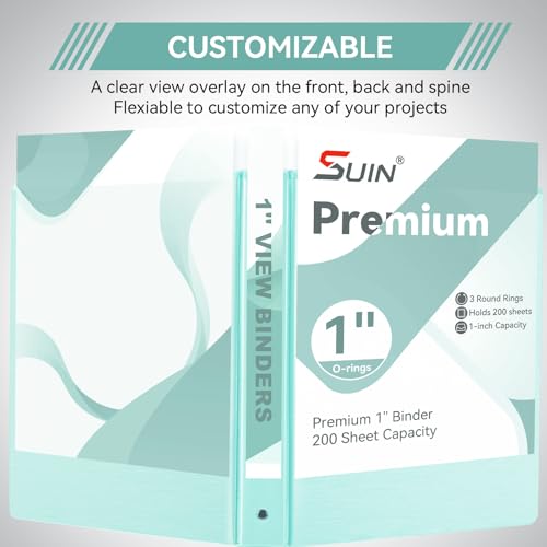 SUIN 1 Inch 3 Ring Binder, Clear 1'' View Presentation Binders with 2 Pockets, Fits 8.5 x 11 Letter Size, Durable Polypropylene, Non-Stick & PVC-Free for School, Office & Home (Brushed Green) - color: Brushed Green