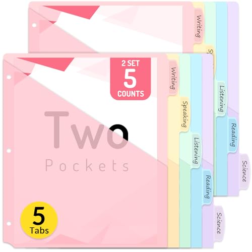 Forvencer 10 Count Dividers with Pockets, 5 Tabs Dividers for 3 Ring Binder with Pockets, Subject Divider with Pocket, Premium Quality Notebook Divider with Pocket, Pink, 2 Sets - color: Pink, size: 2 Sets