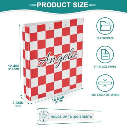 Custom 3 Ring Binder 1.5 Inch Round Rings Red Checkered Personalized Name Binders Organizer Fashion View Binder with 2 Pockets for School Office Supplies - color: Multi07